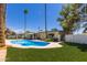Beautiful backyard with a sparkling pool, lush green lawn, and mature trees, creating a private oasis at 8306 E Via De Dorado --, Scottsdale, AZ 85258