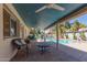 Relaxing covered patio seating area featuring a view of the pool with palm trees at 8306 E Via De Dorado --, Scottsdale, AZ 85258