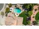 Overhead shot of backyard with beautiful pool and landscaping around desert home at 10205 E Corrine Dr, Scottsdale, AZ 85260