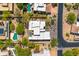 Aerial view highlighting the home's layout, patio, desert landscape and nearby community pools at 9780 E Gamble Ln, Scottsdale, AZ 85262