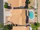 Aerial view of pool, patio and desert landscaping in a suburban backyard at 14393 N 101St St, Scottsdale, AZ 85260