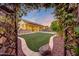 Beautiful backyard featuring lush green grass, stone accents, covered patio, and a sparkling pool at 16229 W Berkeley Rd, Goodyear, AZ 85395