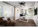Bright home office with custom built-ins, plantation shutters, and comfortable seating at 19922 N 101St Pl, Scottsdale, AZ 85255