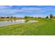 A view of the community golf course with a pond in the foreground and homes in the background at 21616 E Calle De Flores --, Queen Creek, AZ 85142