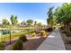 Serene backyard with a peaceful pond view, iron fence, and well-maintained landscaping at 3231 S Mingus Dr, Chandler, AZ 85286