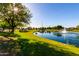 Picturesque community pond featuring a fountain and lush green shoreline under a clear blue sky at 3231 S Mingus Dr, Chandler, AZ 85286