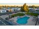 Aerial view of a community pool area featuring a uniquely shaped pool, sun loungers, and well-kept landscaping at 535 S Alma School Rd # 85, Mesa, AZ 85210