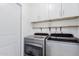 Convenient laundry room with updated appliances, overhead storage, and natural wood shelving at 6350 N 78Th St # 280, Scottsdale, AZ 85250