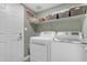 Functional laundry room with a washer, dryer, ample shelving for storage, and a convenient utility sink at 6841 S Roosevelt St, Tempe, AZ 85283