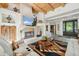 Elegant living room with beamed ceilings, stone fireplace, and stylish decor creating a warm, inviting atmosphere at 11398 E Desert Vista Rd, Scottsdale, AZ 85255