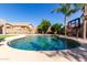 Inviting backyard pool with clear water, complemented by palm trees and a basketball hoop at 11455 E Persimmon Ave, Mesa, AZ 85212