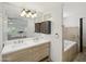 Stylish bathroom with dual sink vanity, modern lighting and a separate tub and shower at 12210 N 67Th St, Scottsdale, AZ 85254