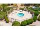 Overhead view of gated hot tub, includes patio furniture, landscaping, and a no-glassware sign at 15151 N Frank Lloyd Wright Blvd # 1088, Scottsdale, AZ 85260
