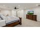 Spacious carpeted bedroom with a ceiling fan, TV, and white walls, creating a relaxing atmosphere at 2350 E Melrose St, Gilbert, AZ 85297