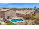 Aerial view of a backyard featuring a private pool, covered patio, and well-manicured desert landscaping at 30032 N Desert Willow Blvd, San Tan Valley, AZ 85143