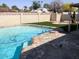 Backyard pool is surrounded by a rock border, with artificial turf, and a block fence at 4517 S Grandview Ave, Tempe, AZ 85282