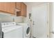 Functional laundry room with washer, dryer, cabinets, and door to the exterior at 556 W Sagebrush St, Gilbert, AZ 85233