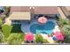 Aerial view of a backyard featuring a pool, patio, and green turf, ideal for entertaining at 13533 N 91St Way, Scottsdale, AZ 85260