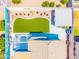 Aerial view of backyard oasis featuring artificial turf, custom art wall and outdoor entertaining space at 1550 W Saint Kateri Dr, Phoenix, AZ 85041