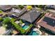Aerial view of backyard featuring a pool, patio, and lush green landscaping at 15665 W Coronado Rd, Goodyear, AZ 85395
