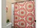 Close up on bathroom showing a patterned shower curtain and a potted plant at 16466 W Lariat Ln, Surprise, AZ 85387