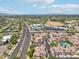 Panoramic aerial view showing condos with garages and palm trees bordering a busy street at 2801 N Litchfield Rd # 37, Goodyear, AZ 85395