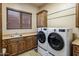 Functional laundry room equipped with modern washer and dryer units, sink, wooden cabinets, and window at 29412 N 108Th Pl, Scottsdale, AZ 85262