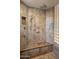 Detailed shot of shower with tiled walls, bench seat, showerhead, handheld wand, and glass block window at 29412 N 108Th Pl, Scottsdale, AZ 85262