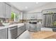 Stylish kitchen featuring gray cabinets, modern appliances, farmhouse sink and designer backsplash at 9223 E Camino Del Santo --, Scottsdale, AZ 85260