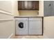 Well-lit laundry area features a full-size washer, dryer, granite countertop, and upper storage cabinets at 7175 E Camelback Rd # 902, Scottsdale, AZ 85251
