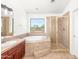 Well-lit bathroom with soaking tub, stand-up shower, vanity with sink, and a large window at 2036 S Reseda Ct, Gilbert, AZ 85295