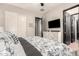 Spacious bedroom with large TV, dresser, closet, and modern black doors at 4282 N 180Th Dr, Goodyear, AZ 85395