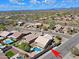 Aerial real estate view features desert community home with swimming pool, covered patio, and block fence at 5049 E Duane Ln, Cave Creek, AZ 85331