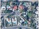 Aerial view of a property showcasing the triangular lot, mature landscaping, and nearby amenities at 8637 E Appaloosa Trl, Scottsdale, AZ 85258