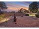 Desert landscaped backyard featuring a decorative metal pot and ambient lighting at 3900 S Velero St, Chandler, AZ 85249