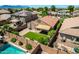 Aerial view showing the backyard with a pool, artificial turf and brick patio at 42505 W Venture Rd, Maricopa, AZ 85138