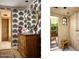 Bathroom featuring unique patterned wallpaper, wooden cabinet sink and a doorway to the tiled shower at 7525 N Shadow Mountain Rd, Paradise Valley, AZ 85253