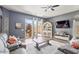 Bright living room featuring sliding glass doors, ceiling fan, and comfortable seating at 11550 W Mule Deer Ct, Surprise, AZ 85378