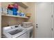 Convenient laundry room featuring modern LG washer and dryer with ample storage shelving at 13614 N 12Th Way, Phoenix, AZ 85022