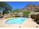 Backyard pool with mountain views, lush desert landscaping, and well-manicured lawn at 14833 S 14Th Pl, Phoenix, AZ 85048