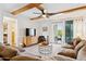 Bright living room features exposed beam ceiling, ceiling fan and sliding glass doors to patio at 3314 N 68Th St # 129, Scottsdale, AZ 85251