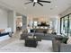 Open concept living room with modern furniture and view of the gourmet kitchen at 3669 E Boot Track Trl, Gilbert, AZ 85296