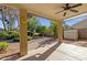 View from the covered patio showcasing the beautifully landscaped backyard with mature trees and a storage shed at 5353 W Dublin Ct, Chandler, AZ 85226