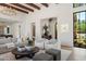 Open-concept living room with beamed ceilings, stylish furnishings, and seamless indoor-outdoor flow at 7501 N Eucalyptus Dr, Paradise Valley, AZ 85253