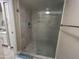 Tiled walk-in shower features pebble flooring and glass door at 839 S Westwood S -- # 169, Mesa, AZ 85210