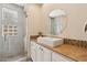 Bathroom featuring walk-in glass shower, decorative tile accents, and vessel sink at 15037 N 114Th Way, Scottsdale, AZ 85255