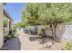 Beautiful backyard features mature landscaping, brick pavers, outdoor dining set, and outdoor kitchen at 1776 E Laddoos Ave, Queen Creek, AZ 85140