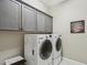 Functional laundry room with cabinets above side-by-side washer and dryer at 18530 E Mockingbird Ct, Queen Creek, AZ 85142