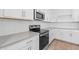 Close-up of a bright kitchen featuring white cabinets and modern stainless steel appliances and quartz countertops at 23385 W Burton Ave, Buckeye, AZ 85326