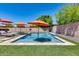 Backyard featuring a pristine pool, lounge chairs, vibrant umbrellas, and green turf at 8024 W Vista Ave, Glendale, AZ 85303
